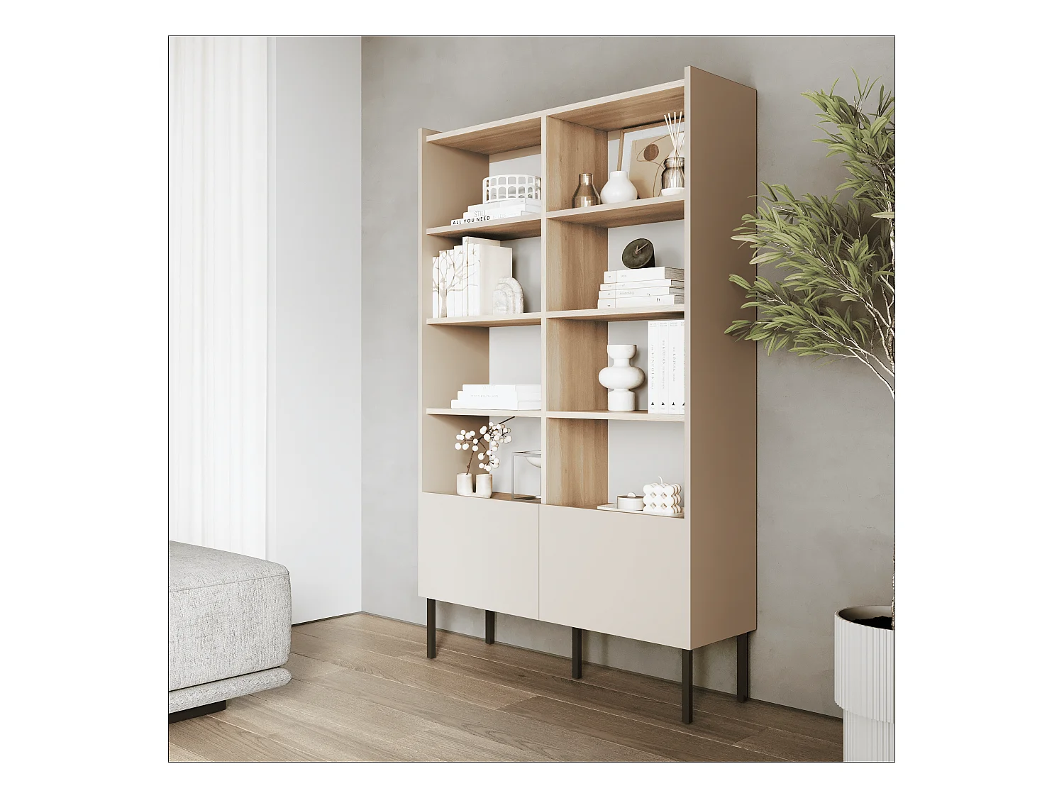 Étagère 100 x 35 x 173 cm - Étagère sur pied avec compartiments ouverts et portes - Bibliothèque avec pieds en métal - Plaque Egger - Pour salon, bureau - Mat