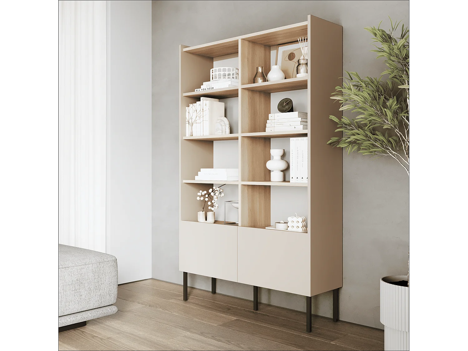 Étagère 100 x 35 x 173 cm - Étagère sur pied avec compartiments ouverts et portes - Bibliothèque avec pieds en métal - Plaque Egger - Pour salon, bureau - Mat