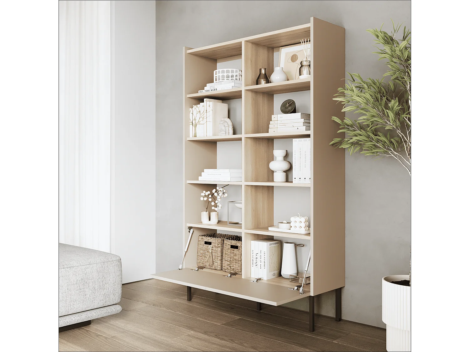 Étagère 100 x 35 x 173 cm - Étagère sur pied avec compartiments ouverts et portes - Bibliothèque avec pieds en métal - Plaque Egger - Pour salon, bureau - Mat