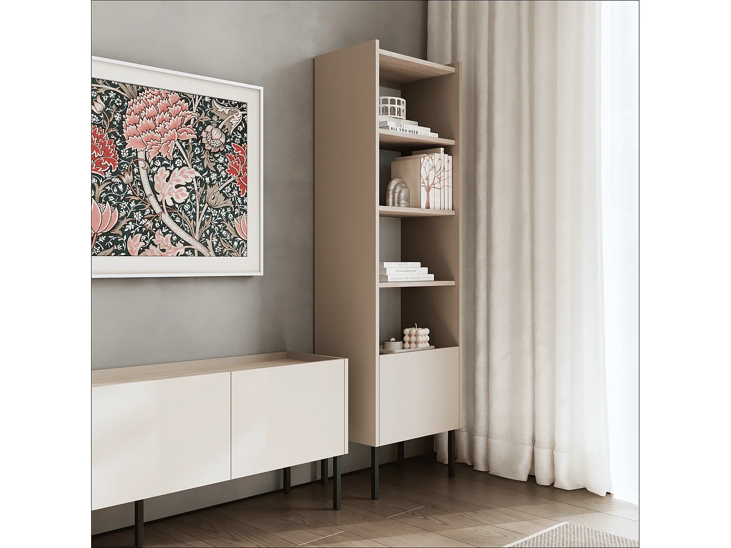 Étagère 50 x 35 x 173 cm - Étagère sur pied avec compartiments ouverts et portes - Bibliothèque - Pieds en métal - Plaque Egger - Salon ou bureau - Mat