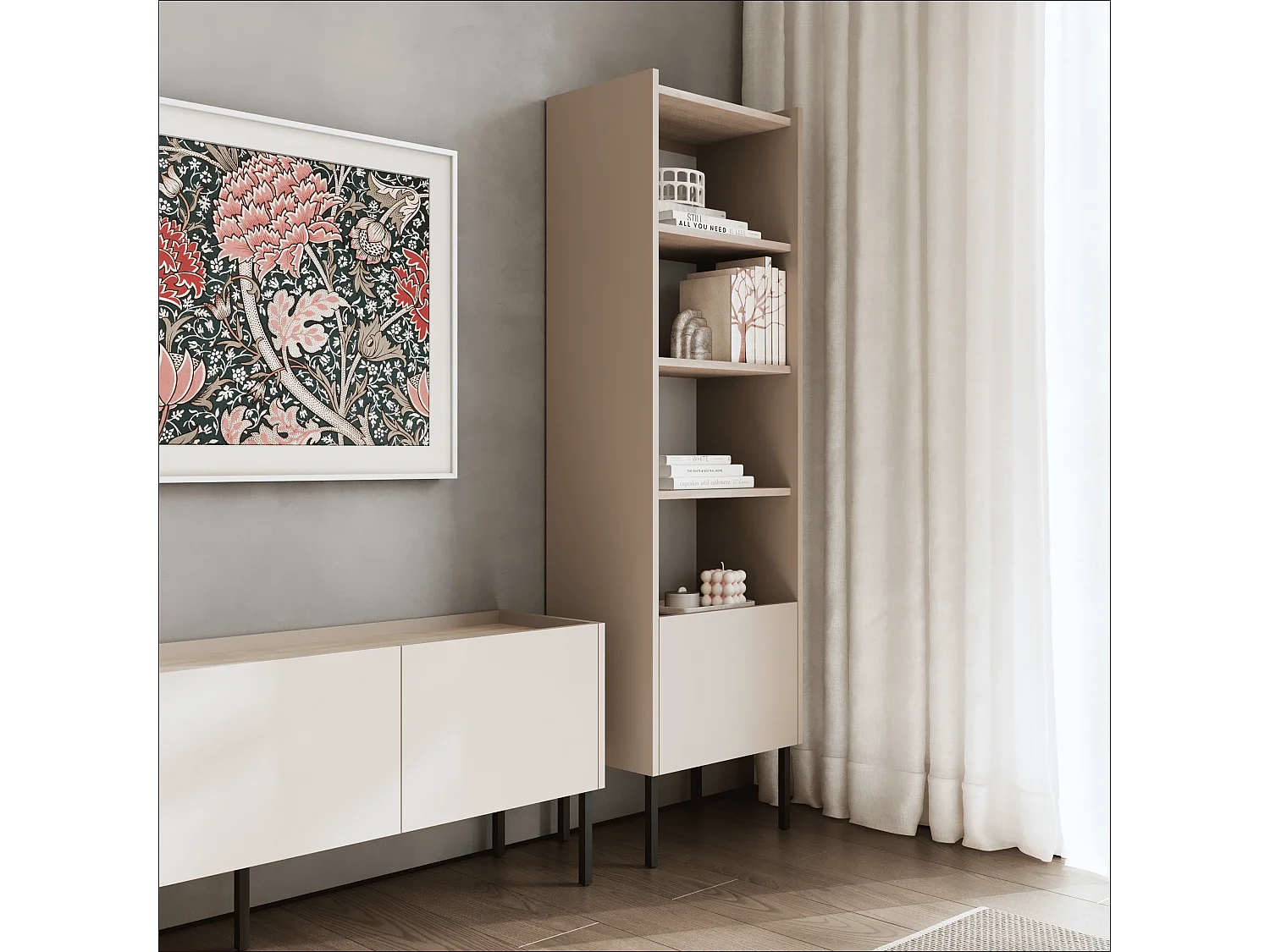 Étagère 50 x 35 x 173 cm - Étagère sur pied avec compartiments ouverts et portes - Bibliothèque - Pieds en métal - Plaque Egger - Salon ou bureau - Mat