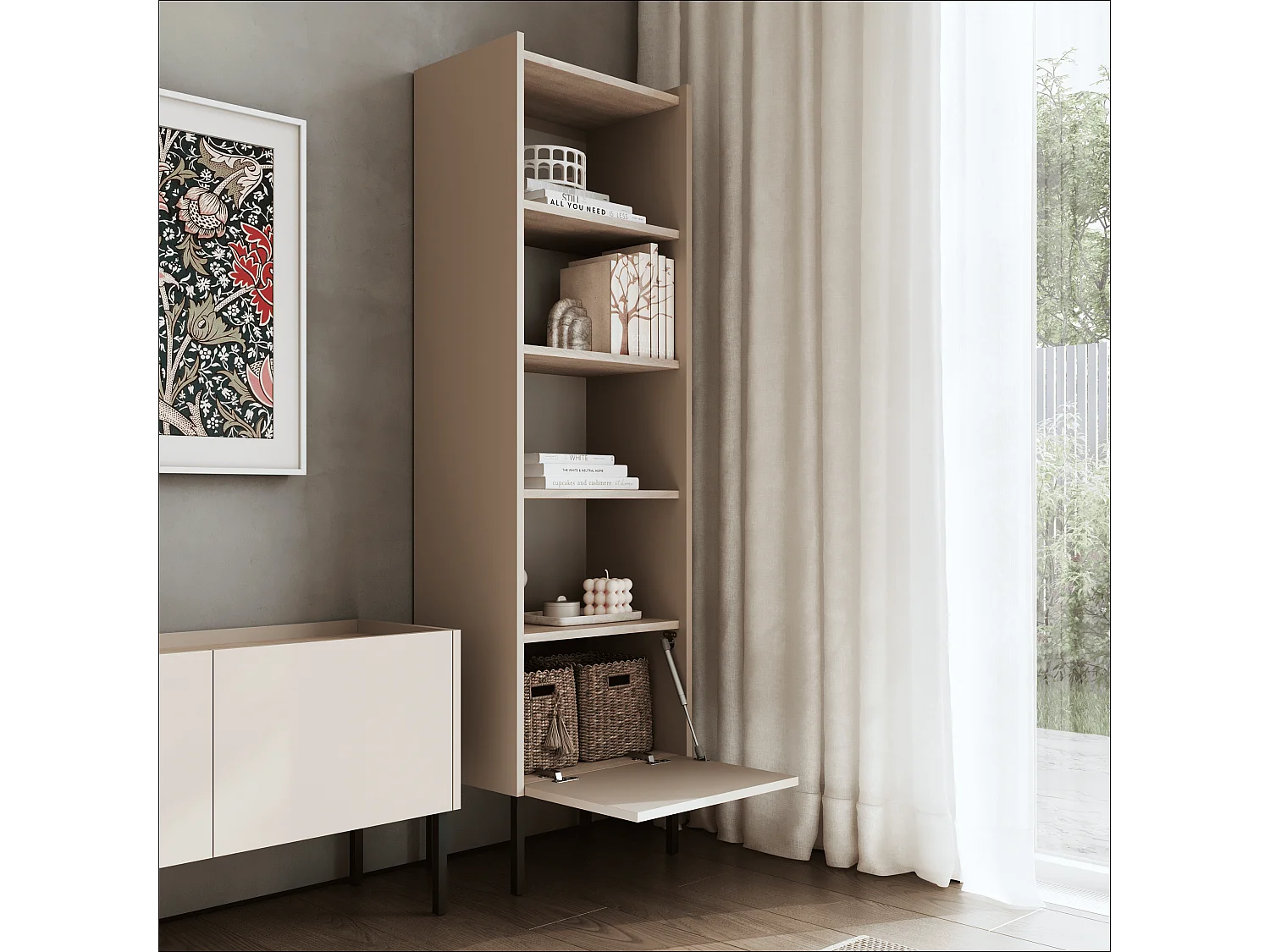 Étagère 50 x 35 x 173 cm - Étagère sur pied avec compartiments ouverts et portes - Bibliothèque - Pieds en métal - Plaque Egger - Salon ou bureau - Mat