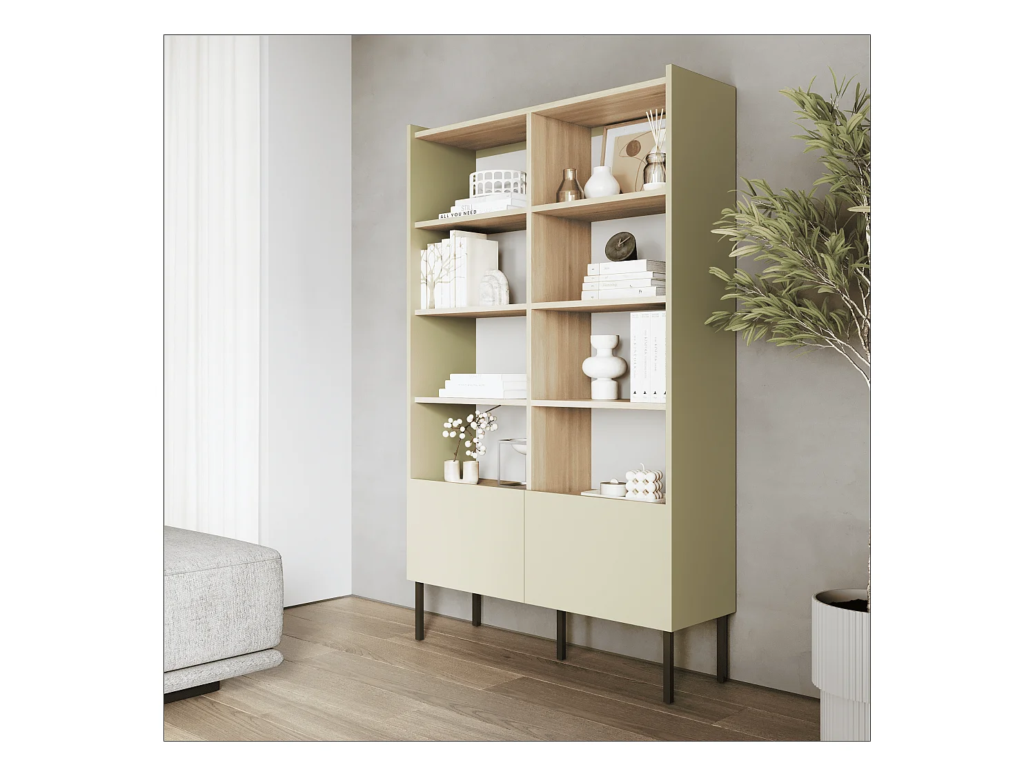 Étagère 100 x 35 x 173 cm - Étagère sur pied avec compartiments ouverts et portes - Bibliothèque avec pieds en métal - Plaque Egger - Pour salon, bureau - Mat