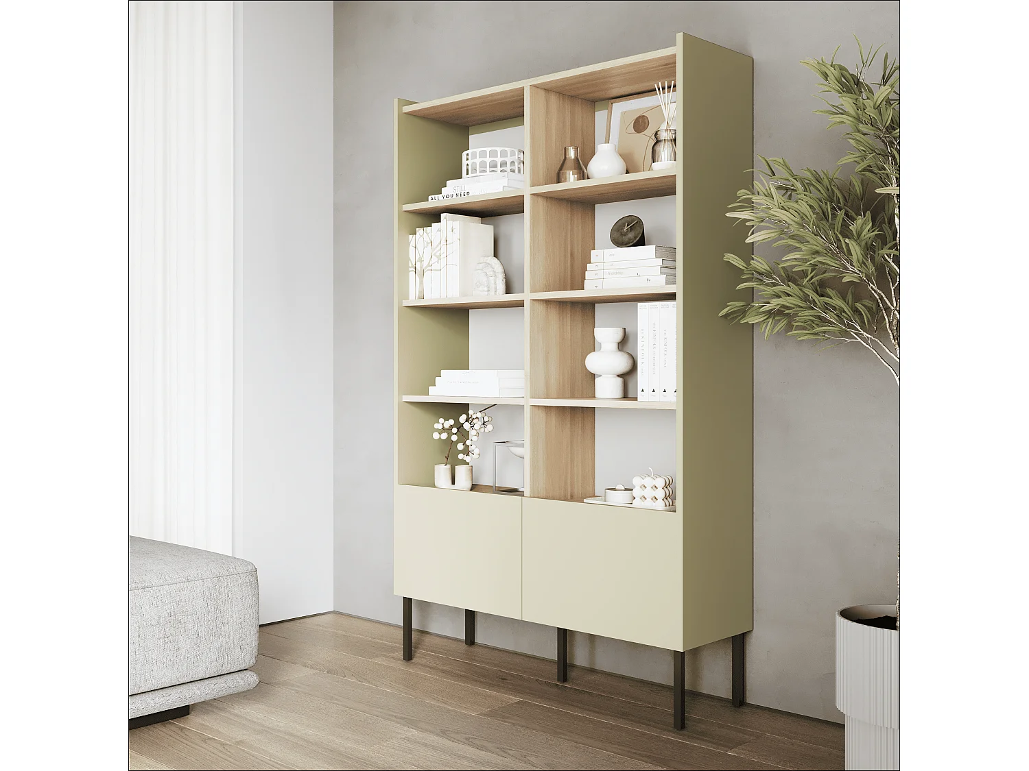 Étagère 100 x 35 x 173 cm - Étagère sur pied avec compartiments ouverts et portes - Bibliothèque avec pieds en métal - Plaque Egger - Pour salon, bureau - Mat