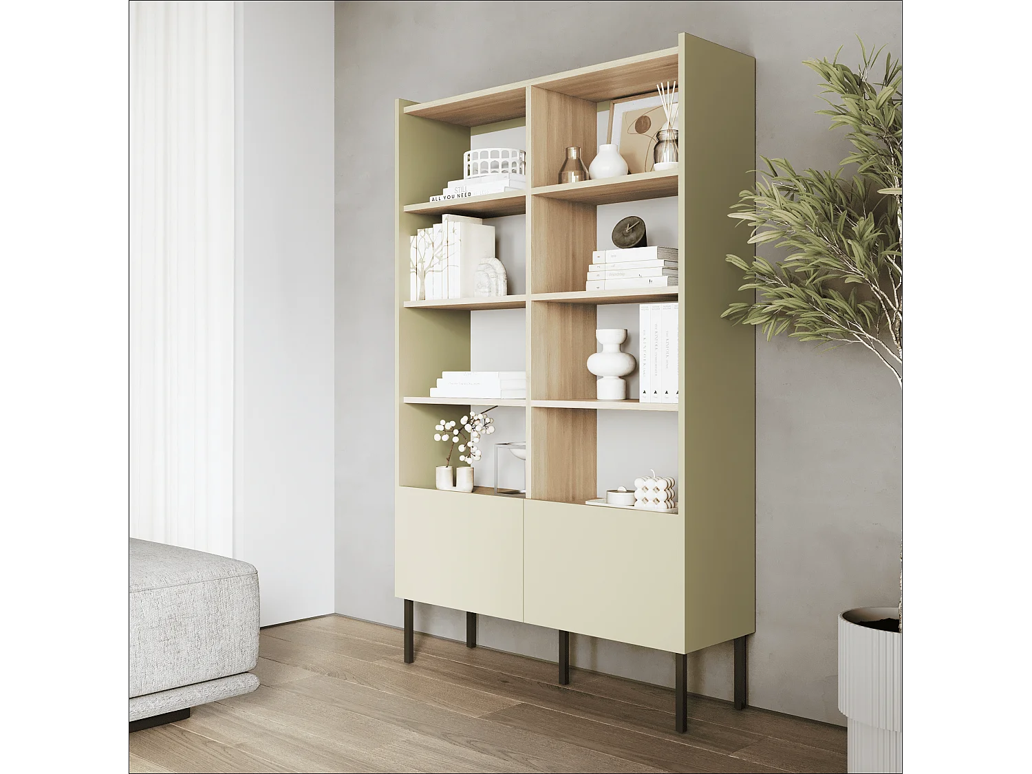 Regał 100 x 35 x 173 cm - Regał stojący z otwartymi półkami i drzwiami - Biblioteczka - Metalowe nogi - Płyta Egger - Salon lub biuro - Mat