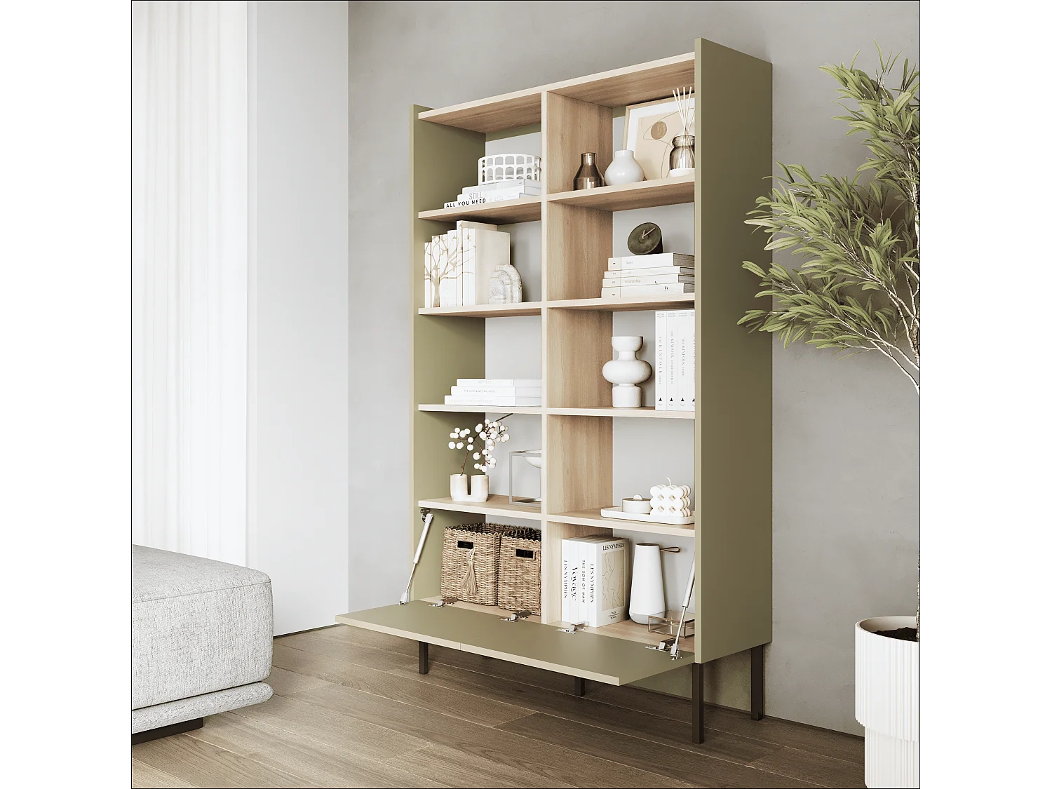 Regał 100 x 35 x 173 cm - Regał stojący z otwartymi półkami i drzwiami - Biblioteczka - Metalowe nogi - Płyta Egger - Salon lub biuro - Mat