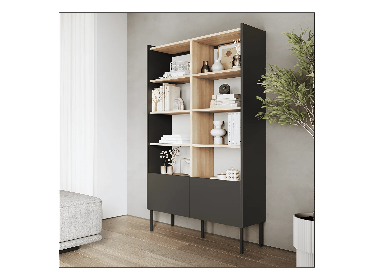 Estantería 100 x 35 x 173 cm - Estantería de pie con compartimentos abiertos y puertas - Librería - Patas de metal - Panel Egger - Salón u oficina - Mate