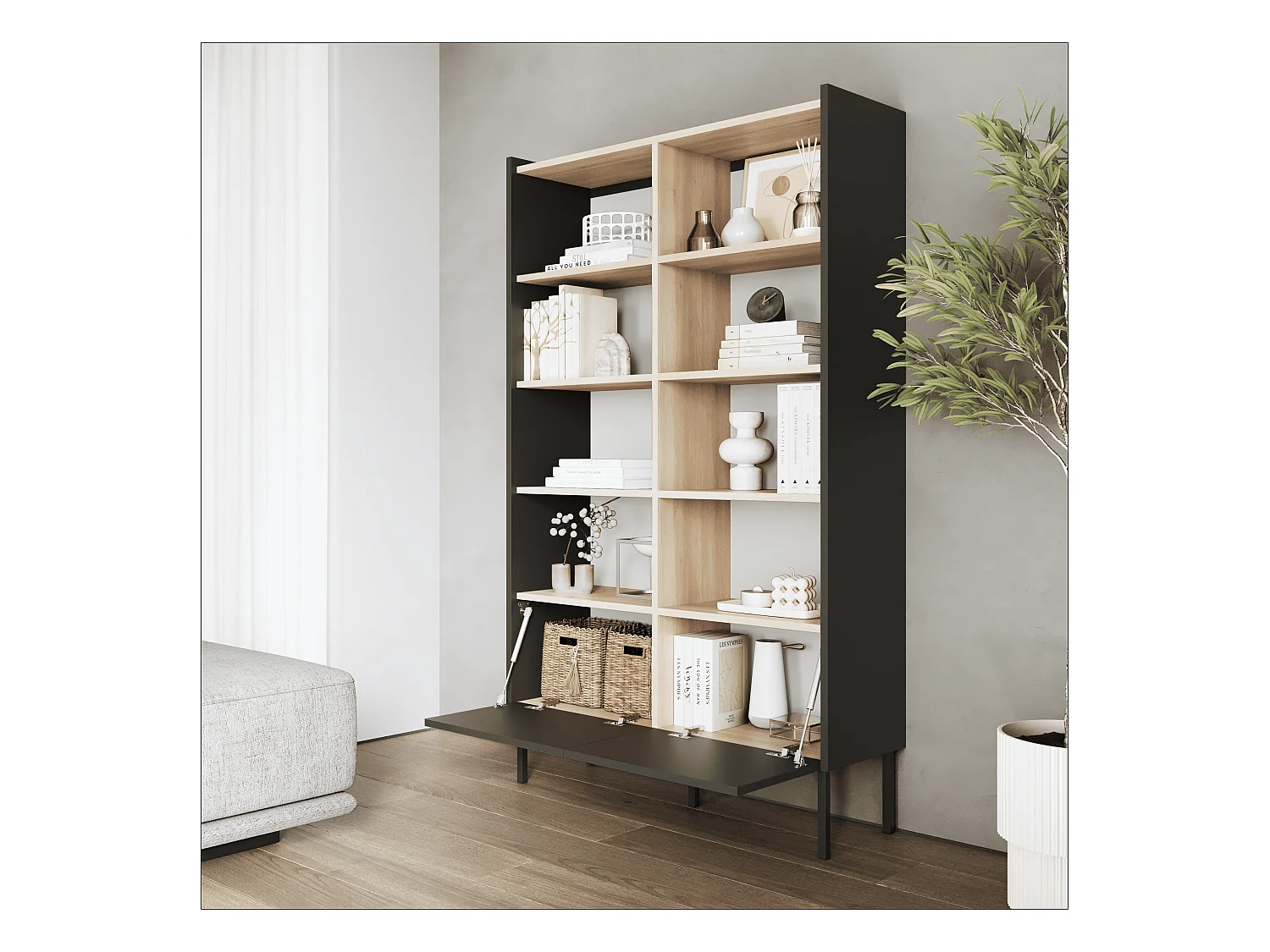 Estantería 100 x 35 x 173 cm - Estantería de pie con compartimentos abiertos y puertas - Librería - Patas de metal - Panel Egger - Salón u oficina - Mate