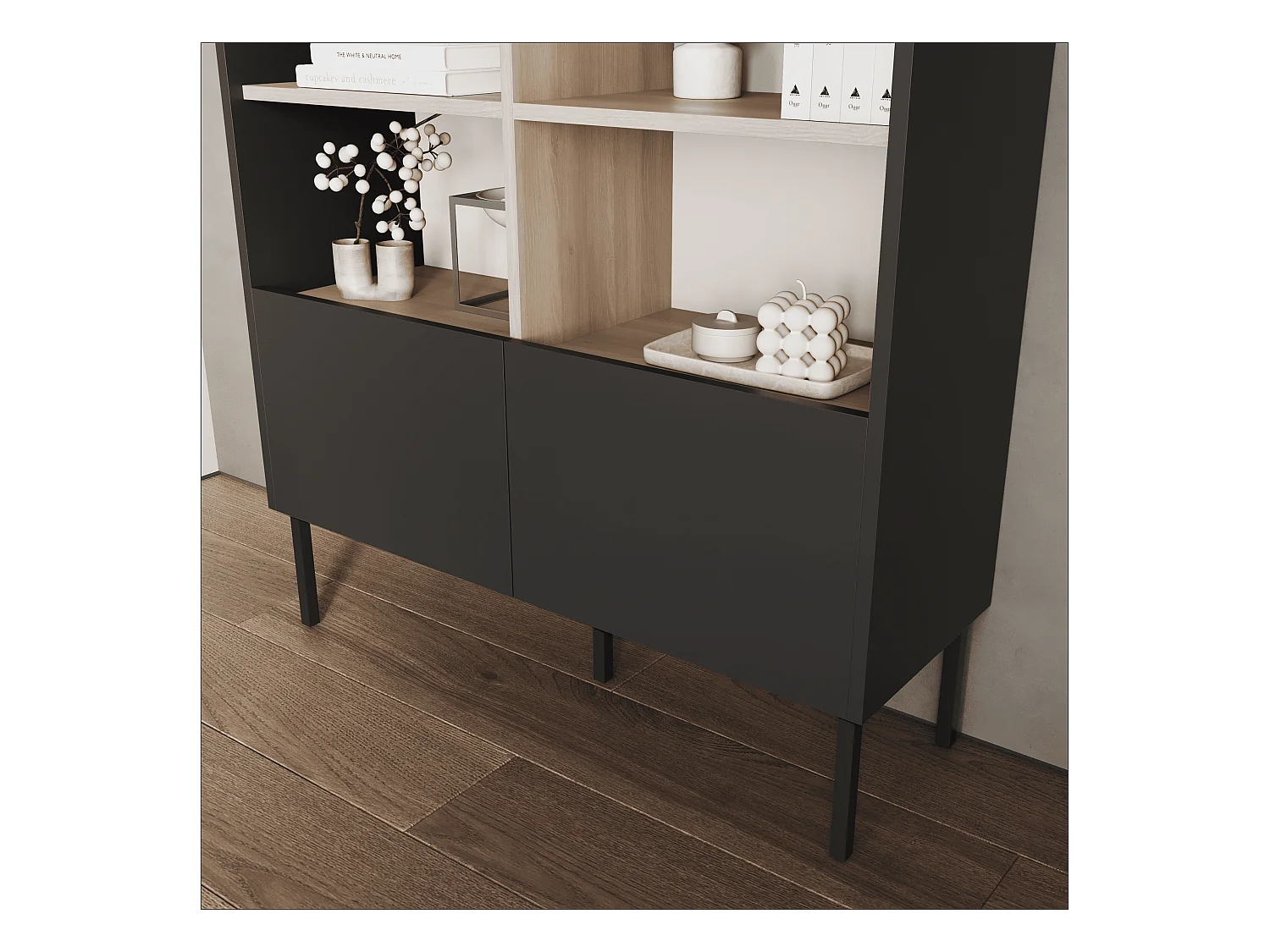 Estantería 100 x 35 x 173 cm - Estantería de pie con compartimentos abiertos y puertas - Librería - Patas de metal - Panel Egger - Salón u oficina - Mate