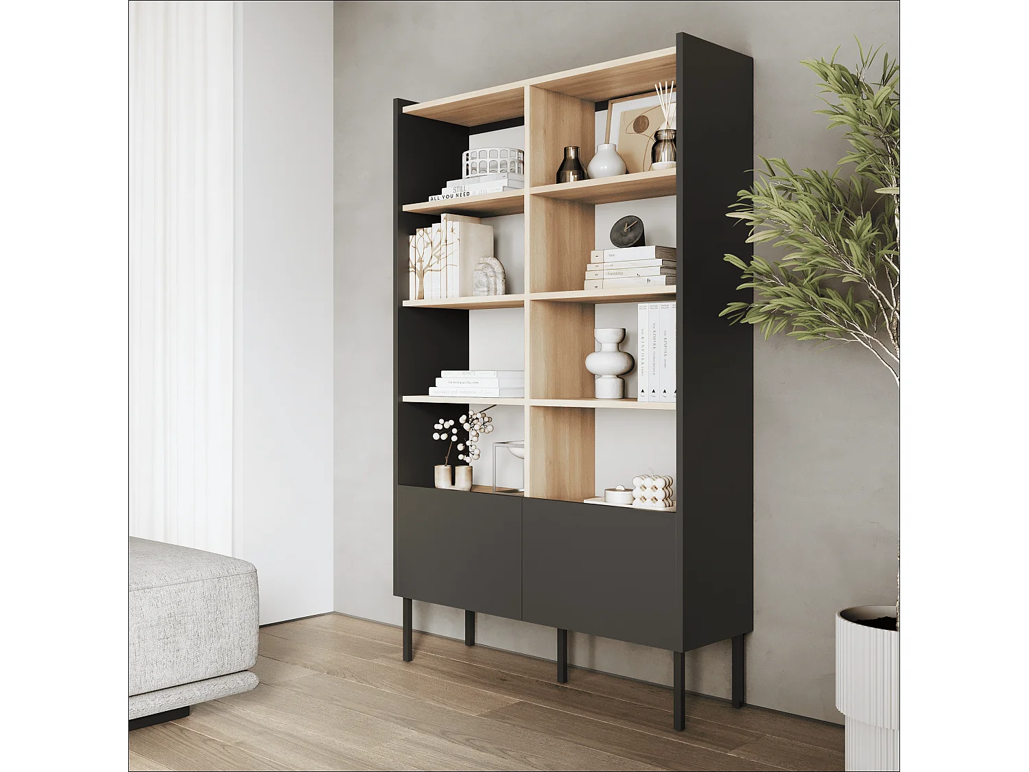 Estantería 100 x 35 x 173 cm - Estantería de pie con compartimentos abiertos y puertas - Librería - Patas de metal - Panel Egger - Salón u oficina - Mate