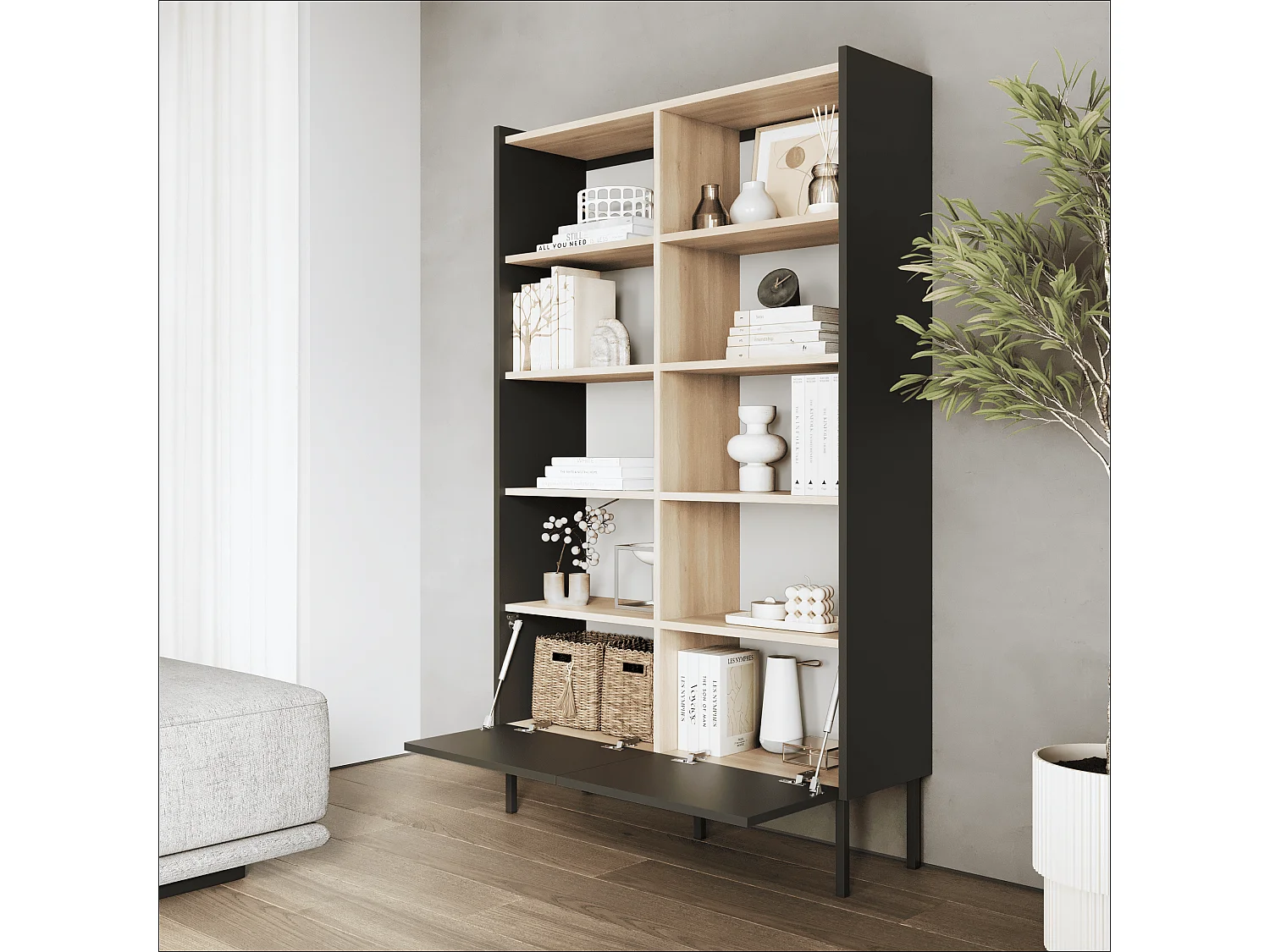 Estantería 100 x 35 x 173 cm - Estantería de pie con compartimentos abiertos y puertas - Librería - Patas de metal - Panel Egger - Salón u oficina - Mate