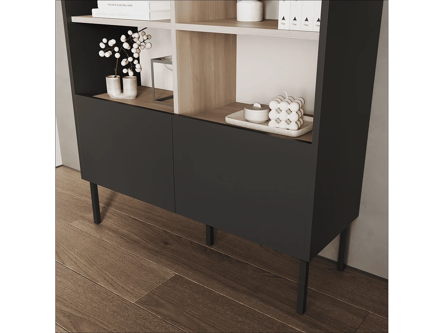 Estantería 100 x 35 x 173 cm - Estantería de pie con compartimentos abiertos y puertas - Librería - Patas de metal - Panel Egger - Salón u oficina - Mate