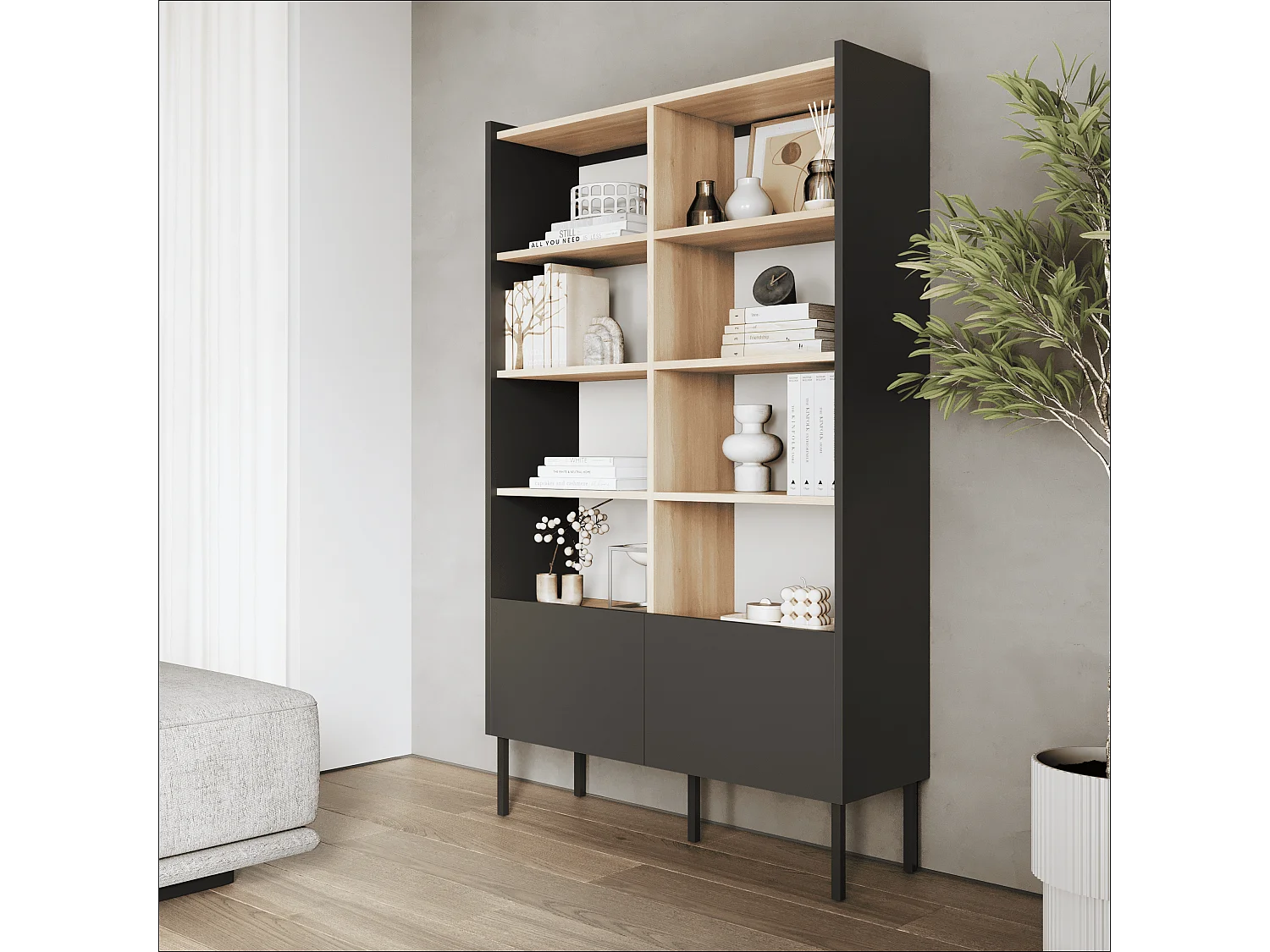 Regał 100 x 35 x 173 cm - Regał stojący z otwartymi półkami i drzwiami - Biblioteczka - Metalowe nogi - Płyta Egger - Salon lub biuro - Mat