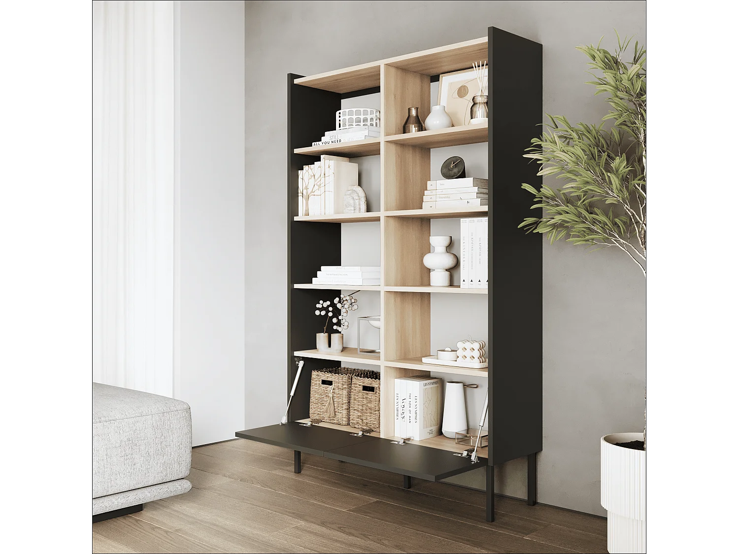 Regał 100 x 35 x 173 cm - Regał stojący z otwartymi półkami i drzwiami - Biblioteczka - Metalowe nogi - Płyta Egger - Salon lub biuro - Mat