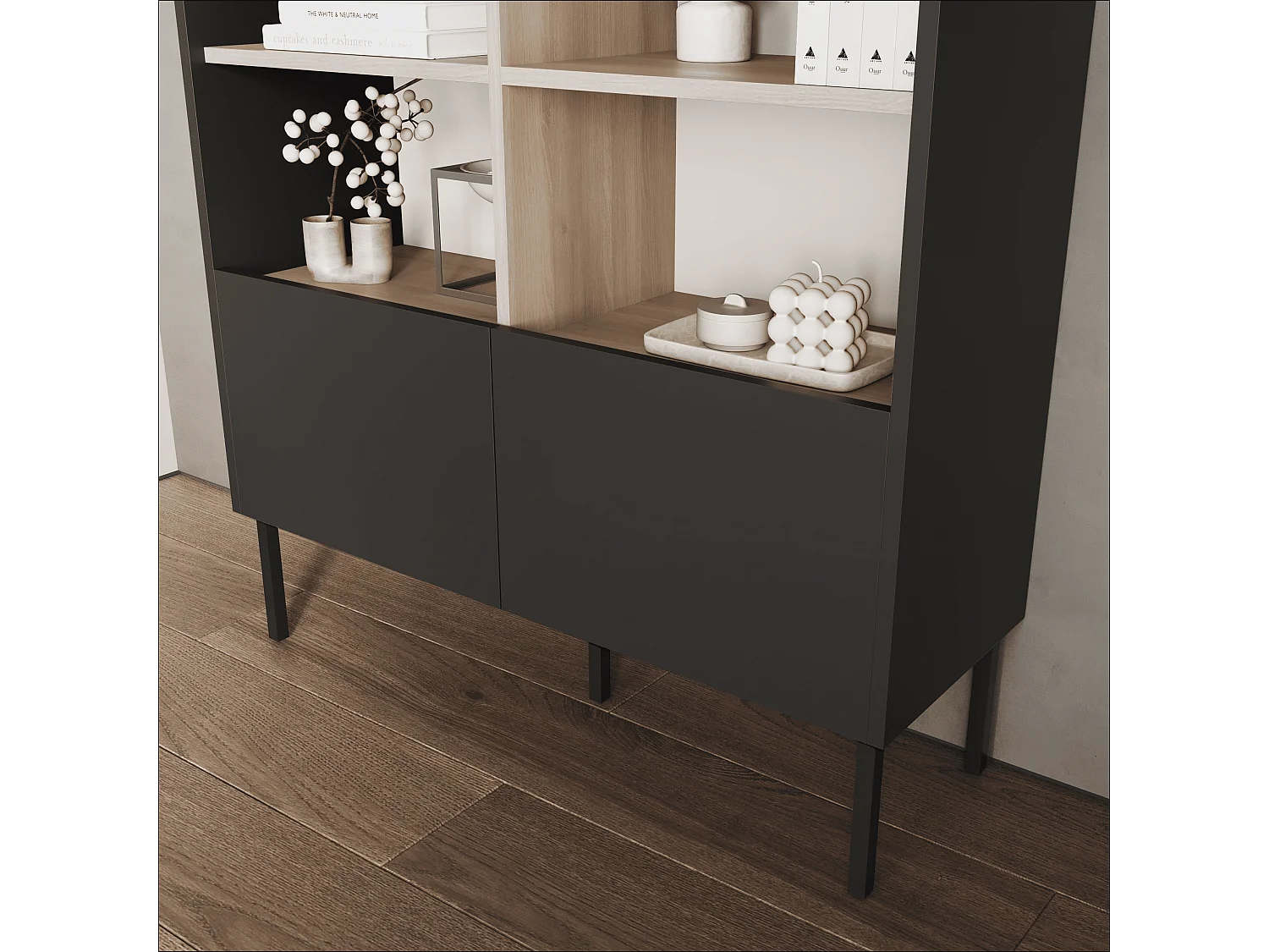 Regał 100 x 35 x 173 cm - Regał stojący z otwartymi półkami i drzwiami - Biblioteczka - Metalowe nogi - Płyta Egger - Salon lub biuro - Mat