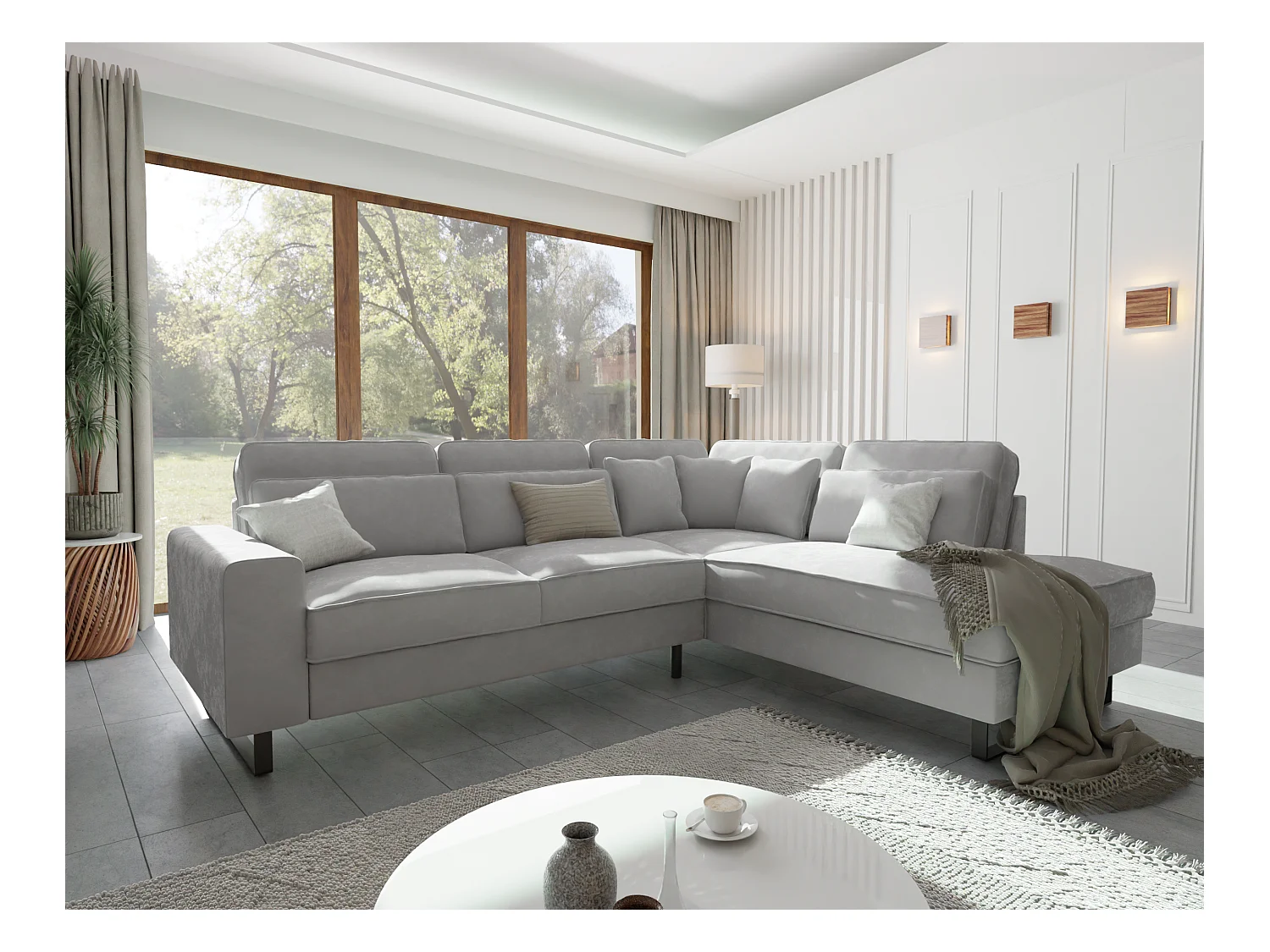 Canapé d’angle avec ottomane et pieds en métal noir, en tissu velours gris clair ROGUE