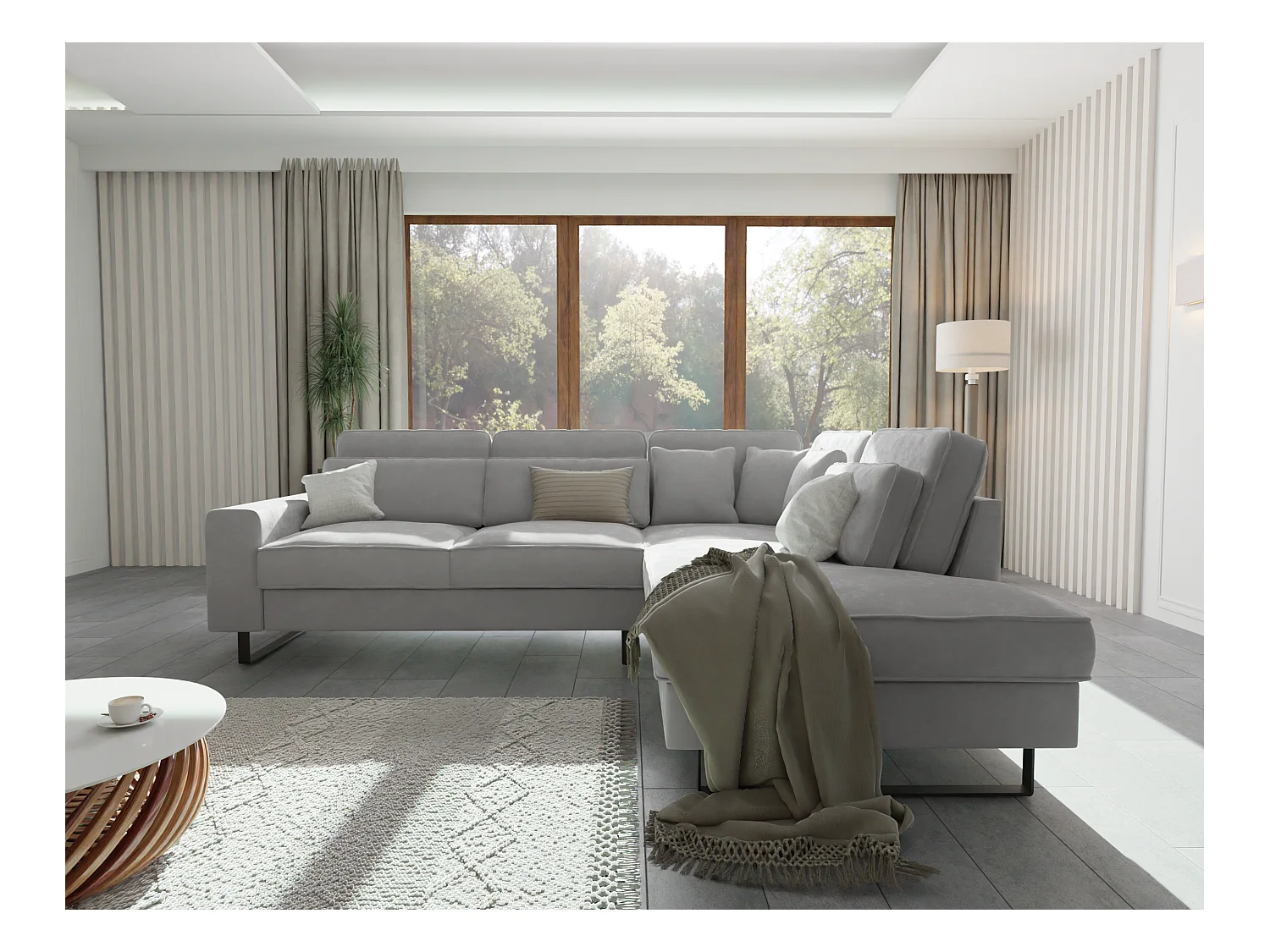 Canapé d’angle avec ottomane et pieds en métal noir, en tissu velours gris clair ROGUE