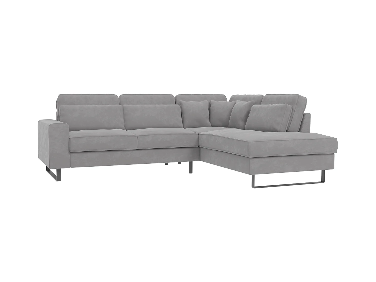 Canapé d’angle avec ottomane et pieds en métal noir, en tissu velours gris clair ROGUE