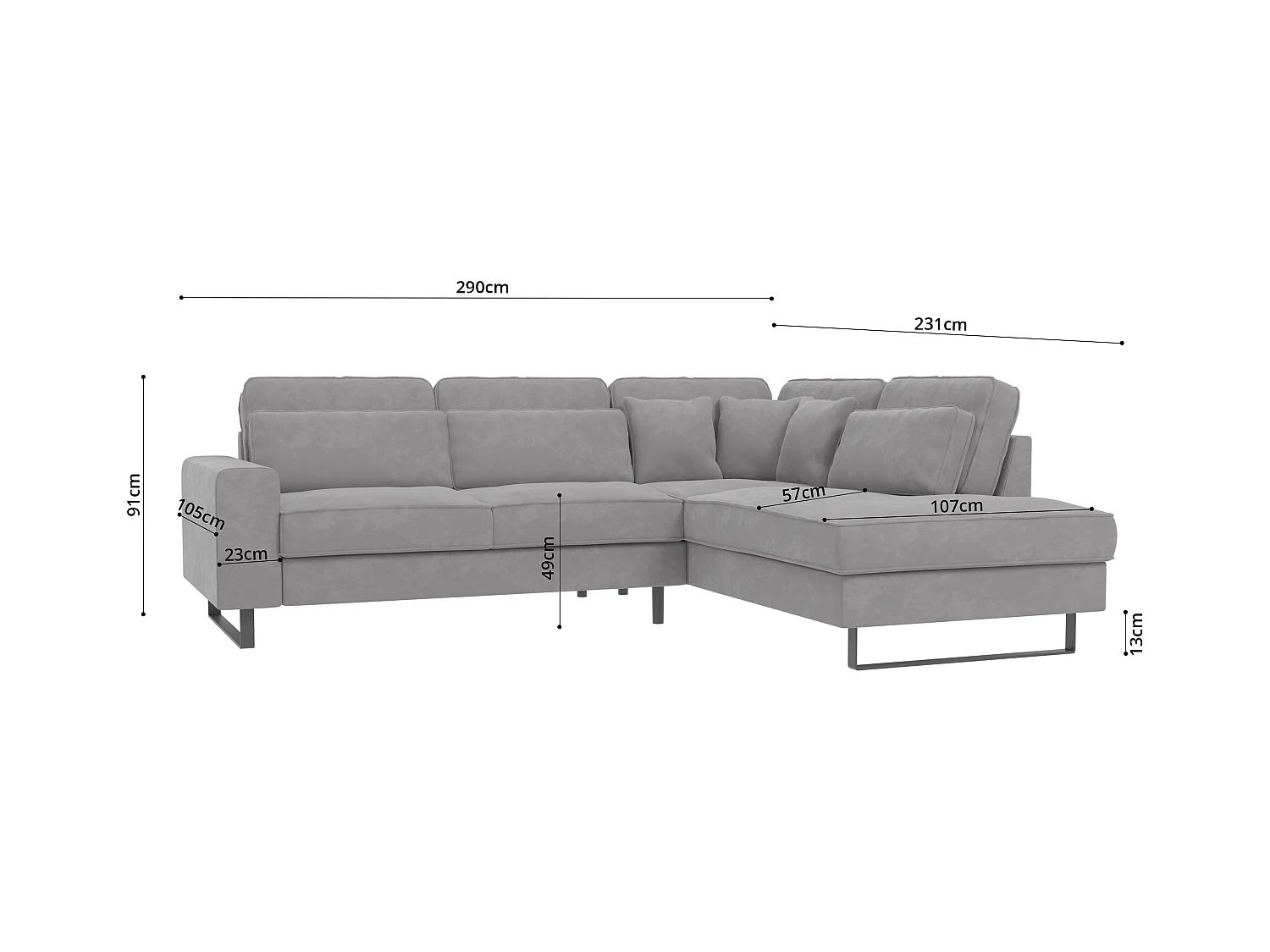 Canapé d’angle avec ottomane et pieds en métal noir, en tissu velours gris clair ROGUE