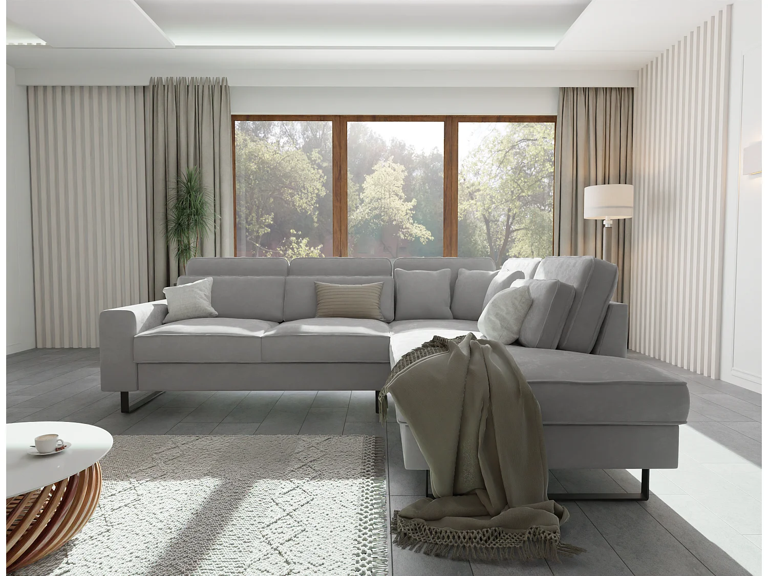 Canapé d’angle avec ottomane et pieds en métal noir, en tissu velours gris clair ROGUE