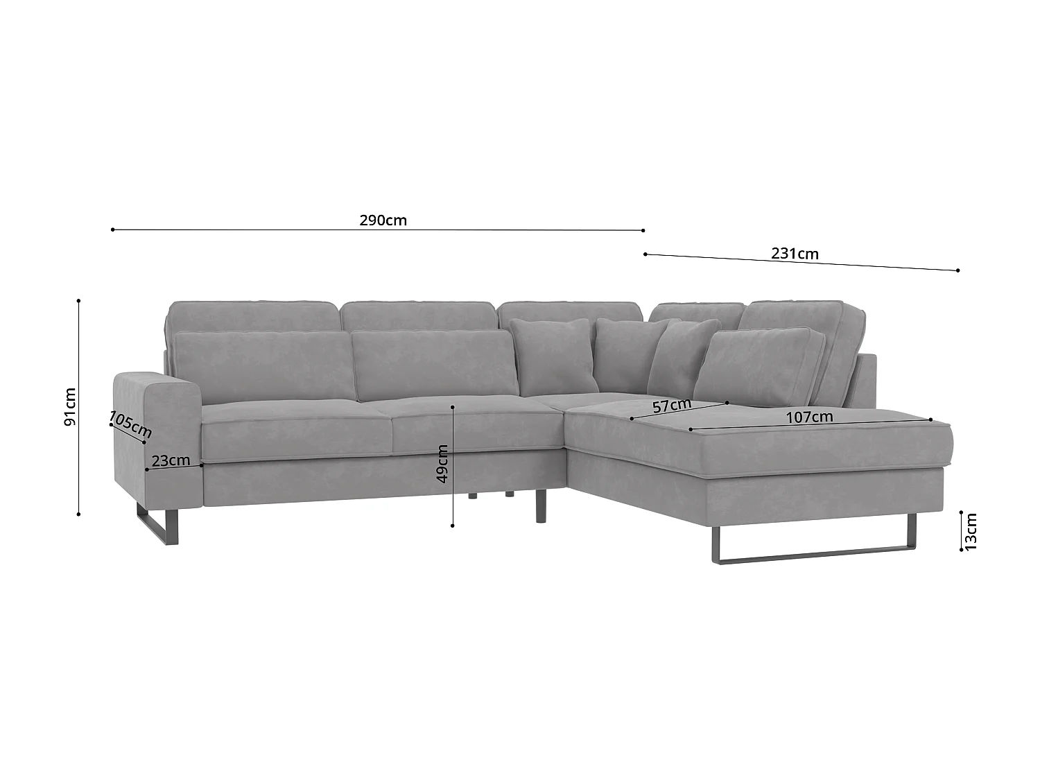 Canapé d’angle avec ottomane et pieds en métal noir, en tissu velours gris clair ROGUE