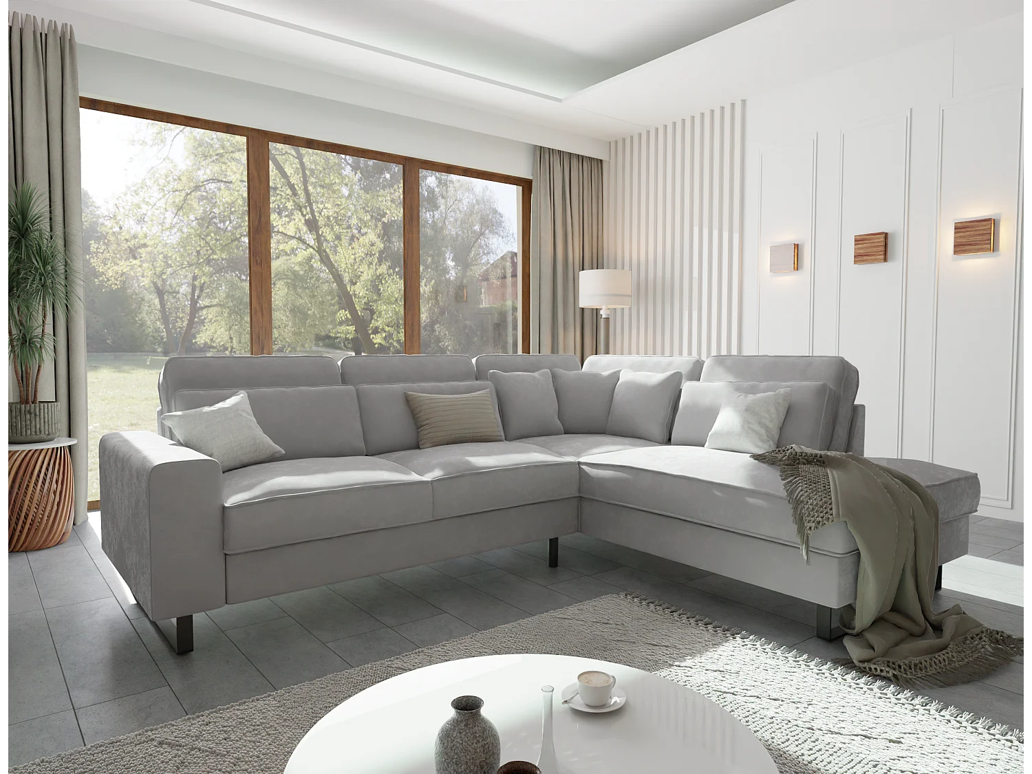 Canapé d’angle avec ottomane et pieds en métal noir, en tissu velours gris clair ROGUE