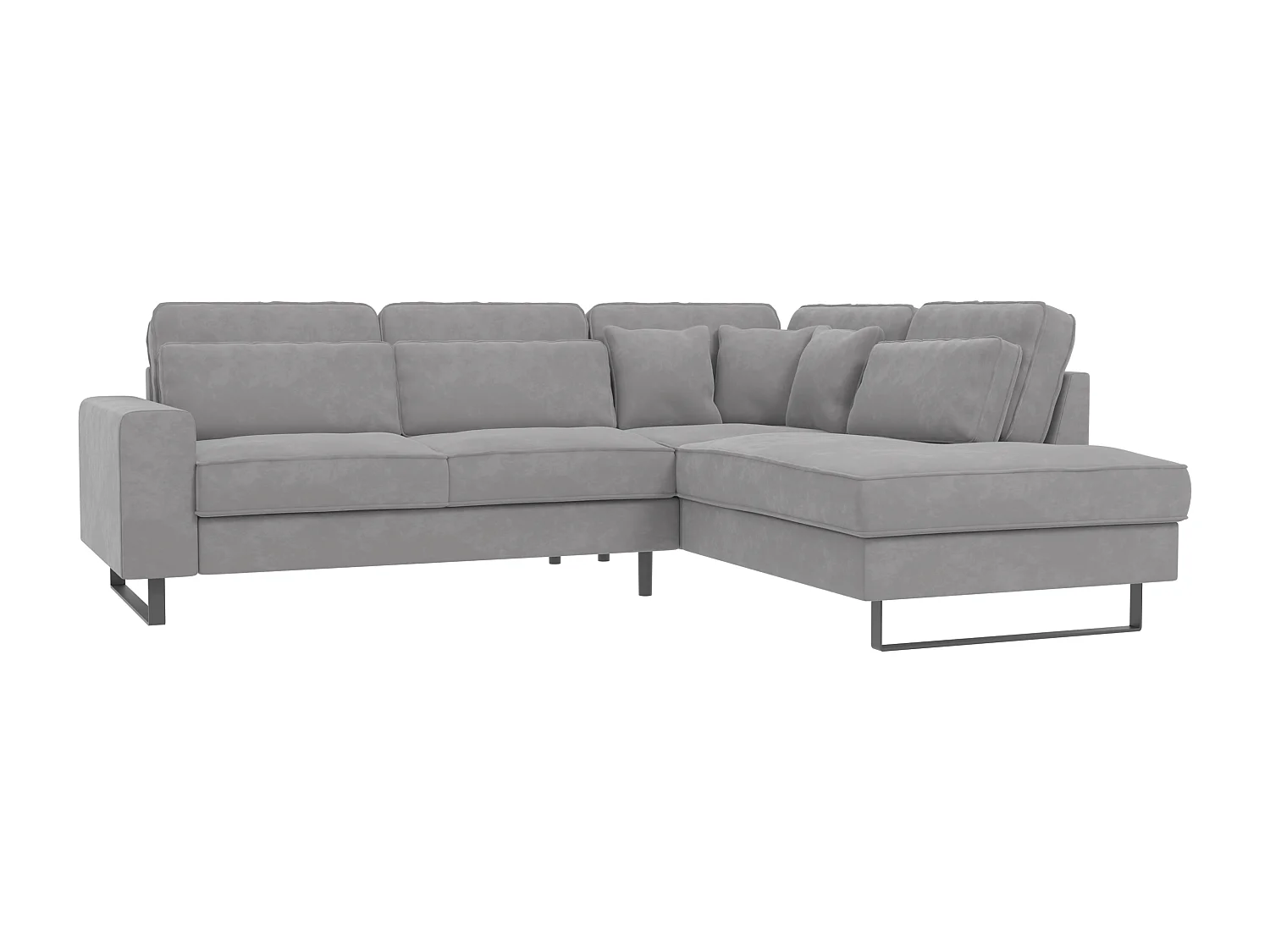 Canapé d’angle avec ottomane et pieds en métal noir, en tissu velours gris clair ROGUE