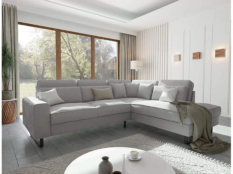 Canapé d’angle avec ottomane et pieds en métal noir, en tissu velours gris clair ROGUE