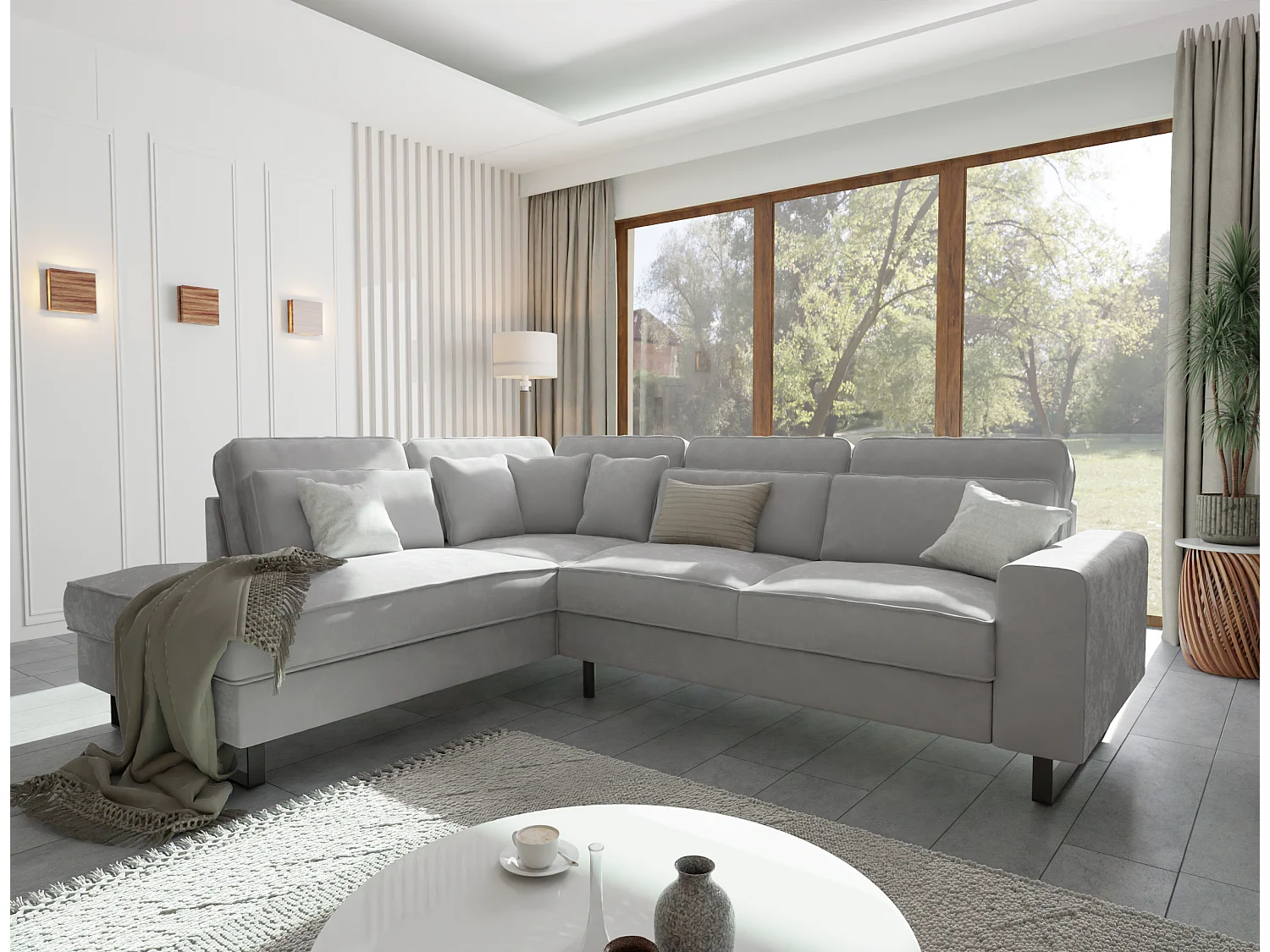 Canapé d’angle avec ottomane et pieds en métal noir, en tissu velours gris clair ROGUE