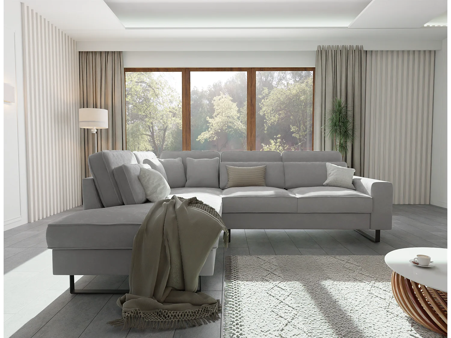 Canapé d’angle avec ottomane et pieds en métal noir, en tissu velours gris clair ROGUE