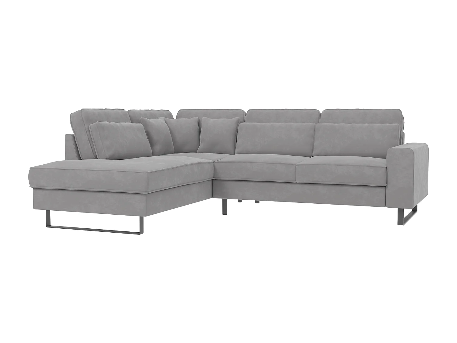 Canapé d’angle avec ottomane et pieds en métal noir, en tissu velours gris clair ROGUE