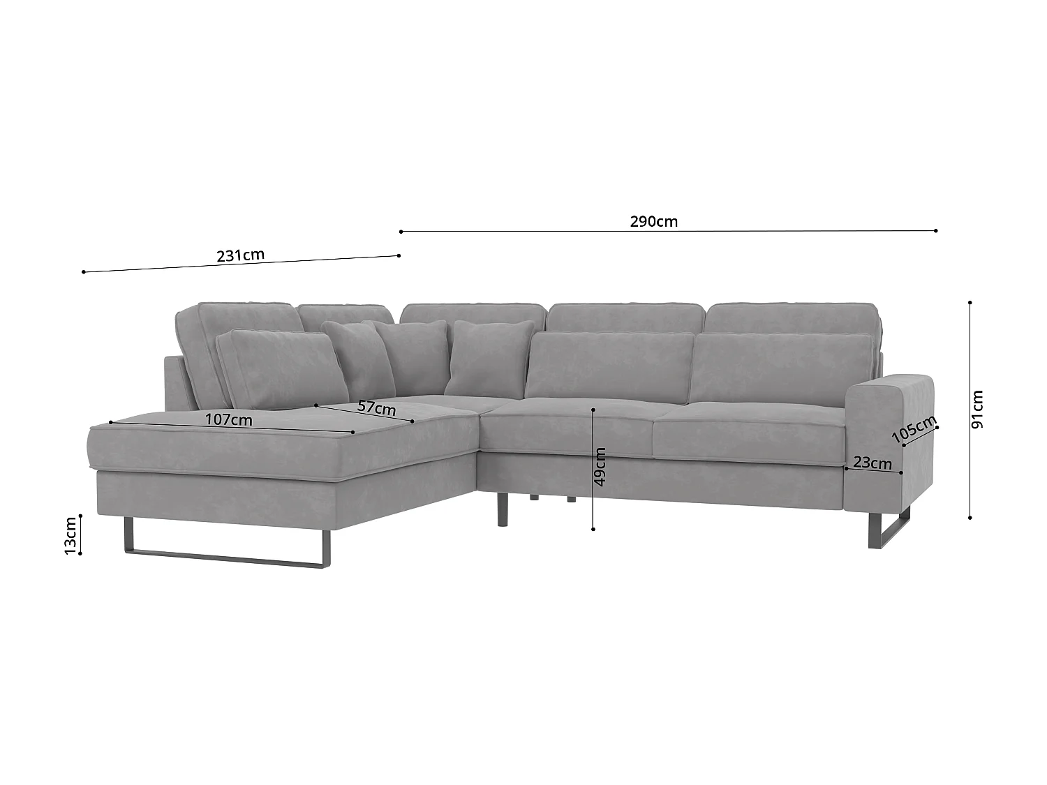 Canapé d’angle avec ottomane et pieds en métal noir, en tissu velours gris clair ROGUE