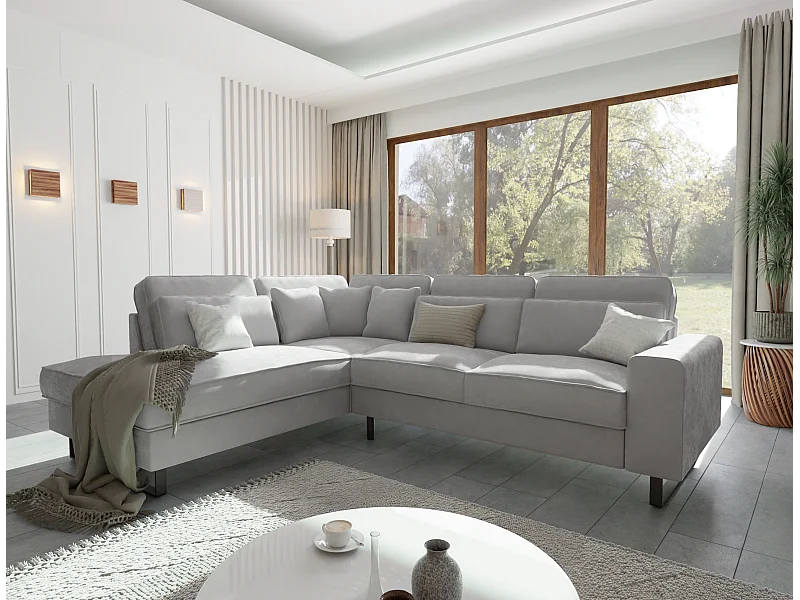 Canapé d’angle avec ottomane et pieds en métal noir, en tissu velours gris clair ROGUE