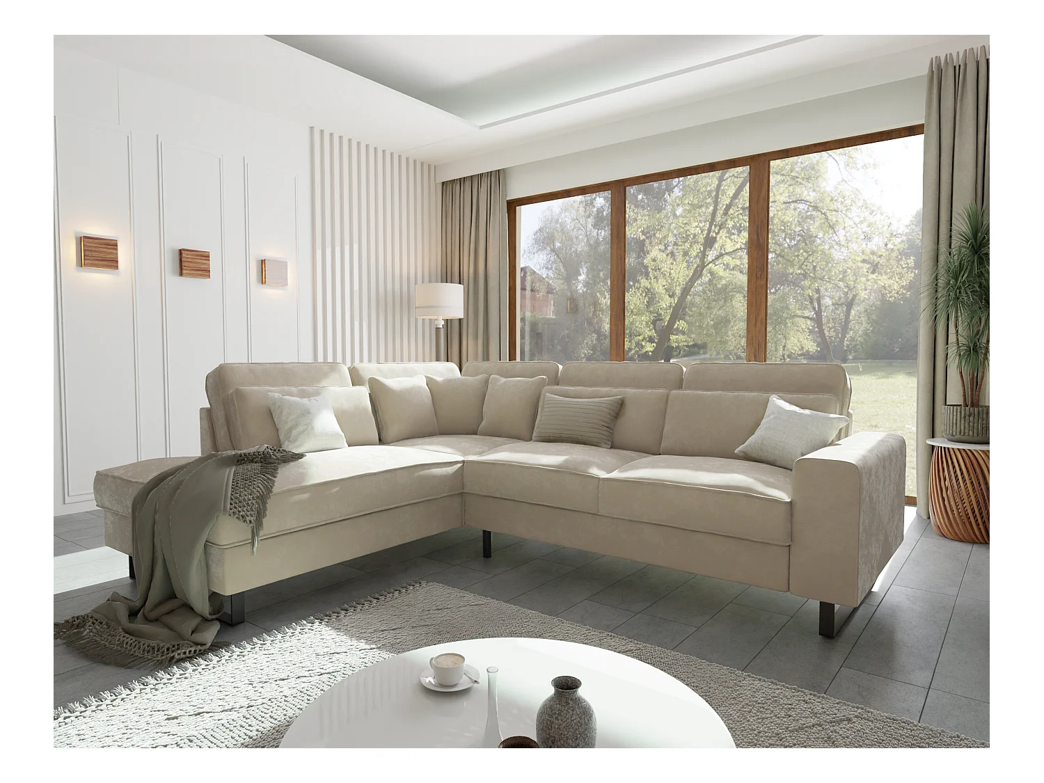 Canapé d’angle avec ottomane et pieds en métal noir, en tissu velours beige ROGUE