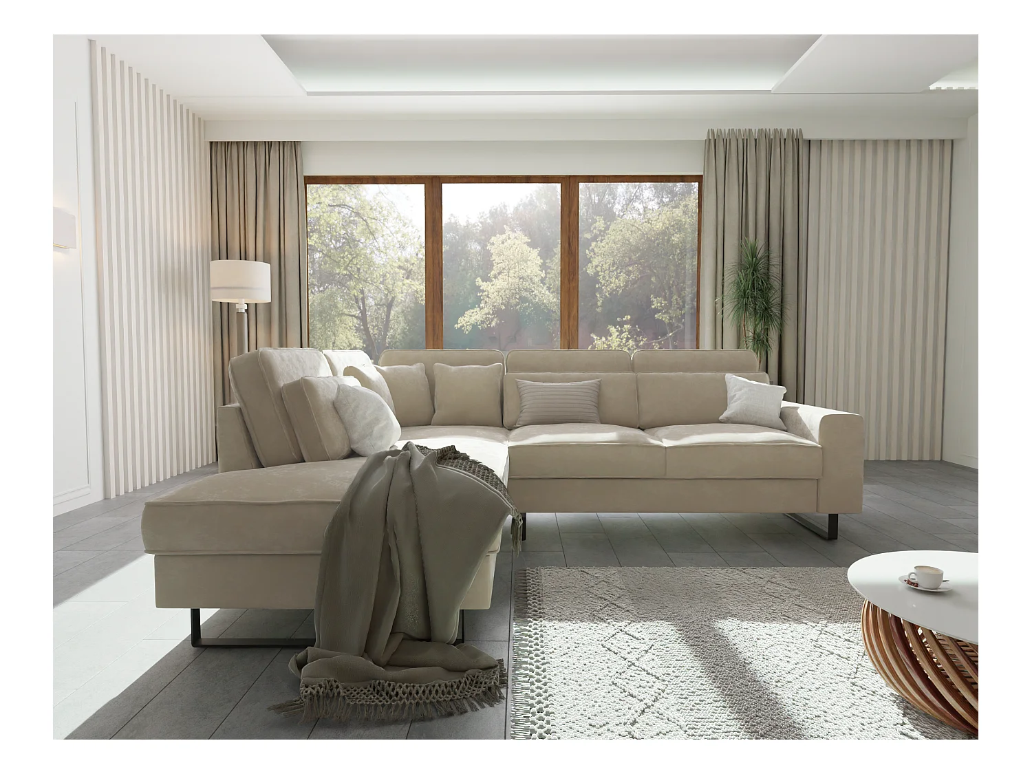 Canapé d’angle avec ottomane et pieds en métal noir, en tissu velours beige ROGUE