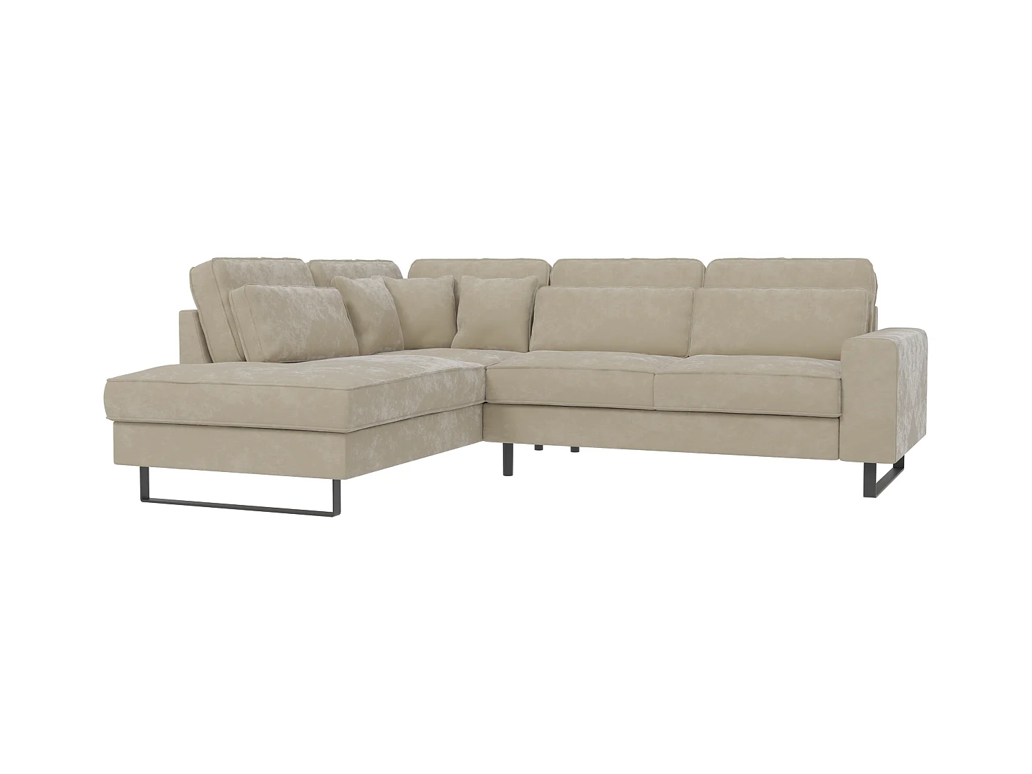 Canapé d’angle avec ottomane et pieds en métal noir, en tissu velours beige ROGUE