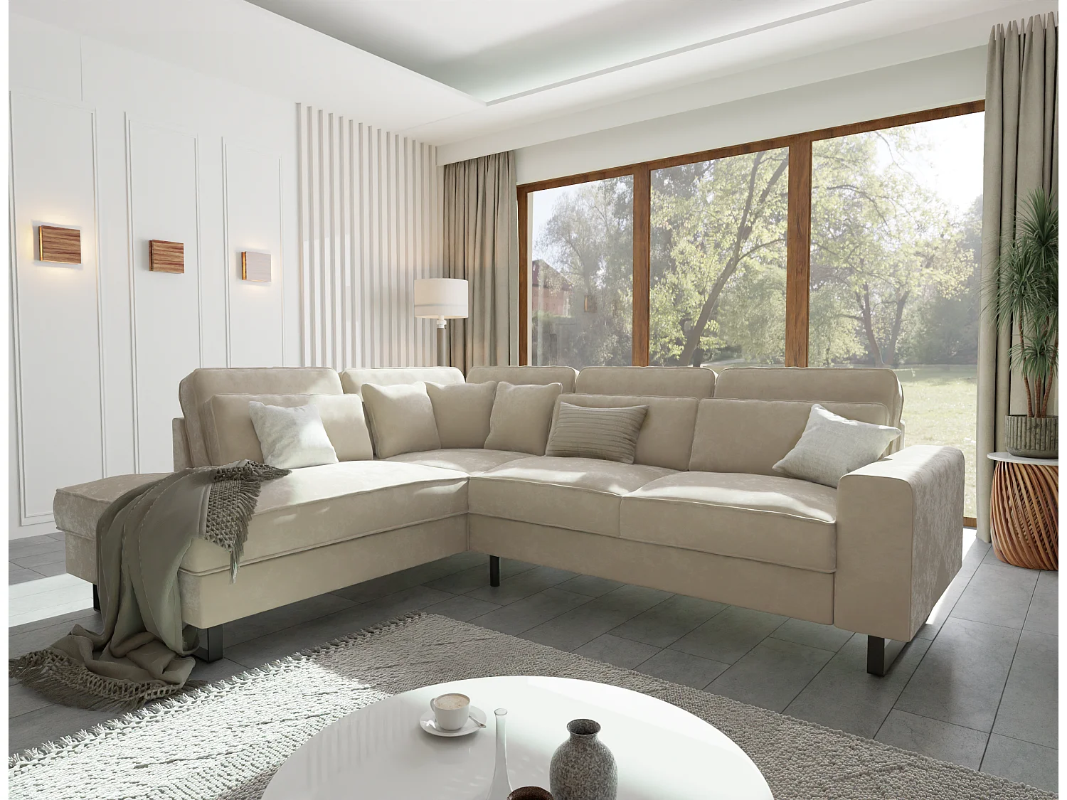 Canapé d’angle avec ottomane et pieds en métal noir, en tissu velours beige ROGUE