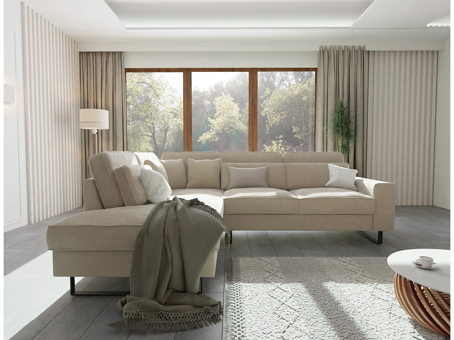 Canapé d’angle avec ottomane et pieds en métal noir, en tissu velours beige ROGUE