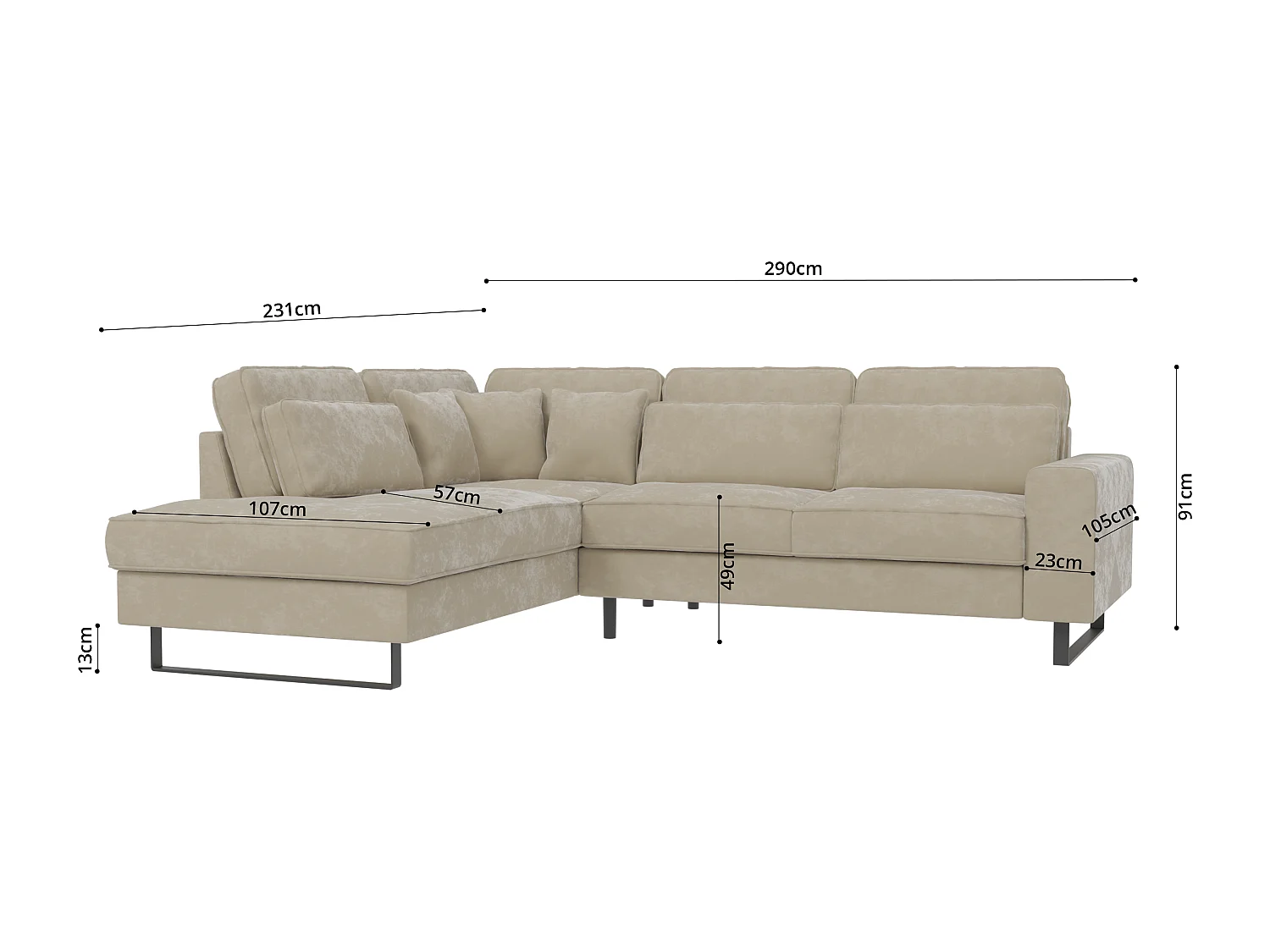 Canapé d’angle avec ottomane et pieds en métal noir, en tissu velours beige ROGUE