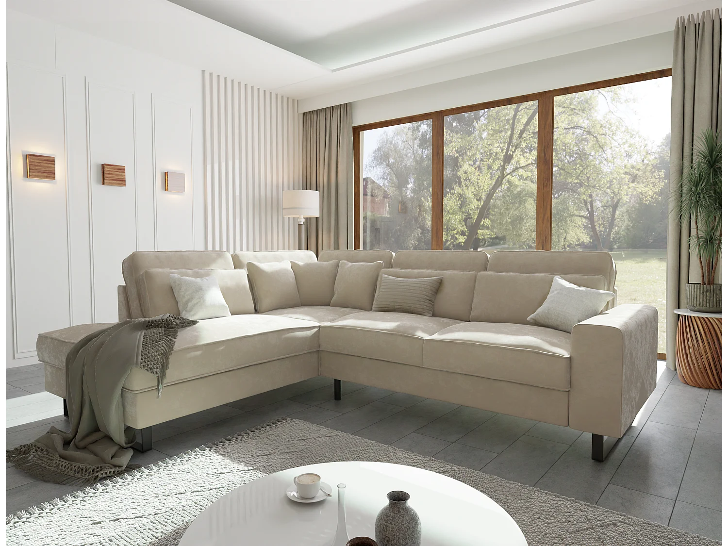 Canapé d’angle avec ottomane et pieds en métal noir, en tissu velours beige ROGUE