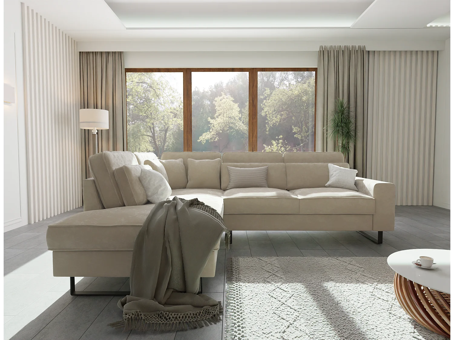 Canapé d’angle avec ottomane et pieds en métal noir, en tissu velours beige ROGUE