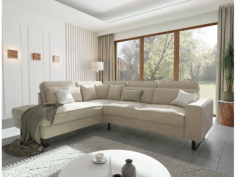 Canapé d’angle avec ottomane et pieds en métal noir, en tissu velours beige ROGUE