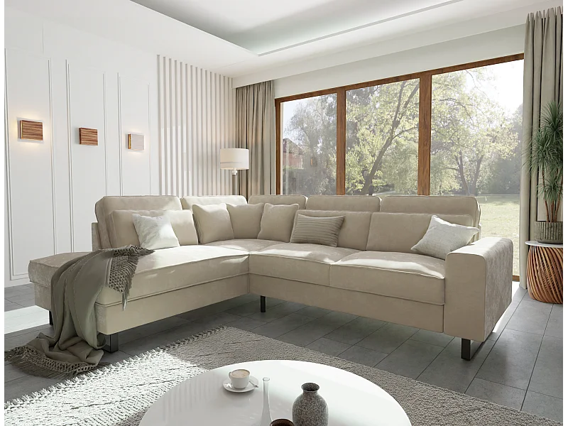 Canapé d’angle avec ottomane et pieds en métal noir, en tissu velours beige ROGUE