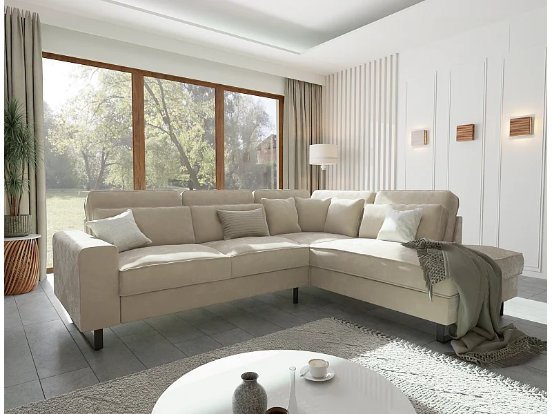 Canapé d’angle avec ottomane et pieds en métal noir, en tissu velours beige ROGUE