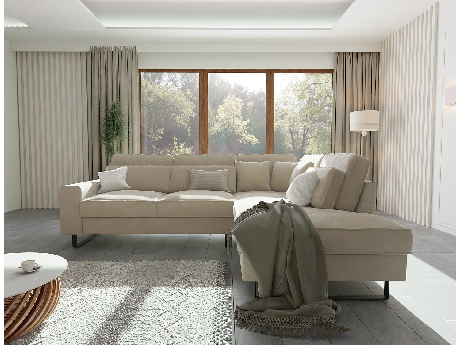 Canapé d’angle avec ottomane et pieds en métal noir, en tissu velours beige ROGUE