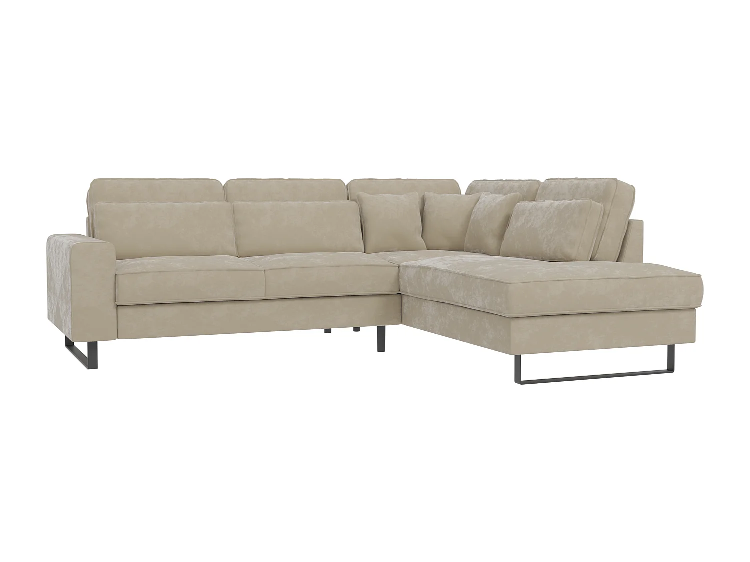 Canapé d’angle avec ottomane et pieds en métal noir, en tissu velours beige ROGUE