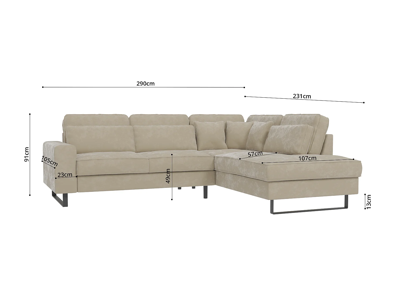 Canapé d’angle avec ottomane et pieds en métal noir, en tissu velours beige ROGUE