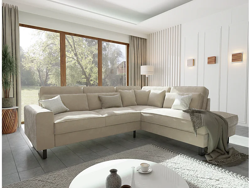 Canapé d’angle avec ottomane et pieds en métal noir, en tissu velours beige ROGUE