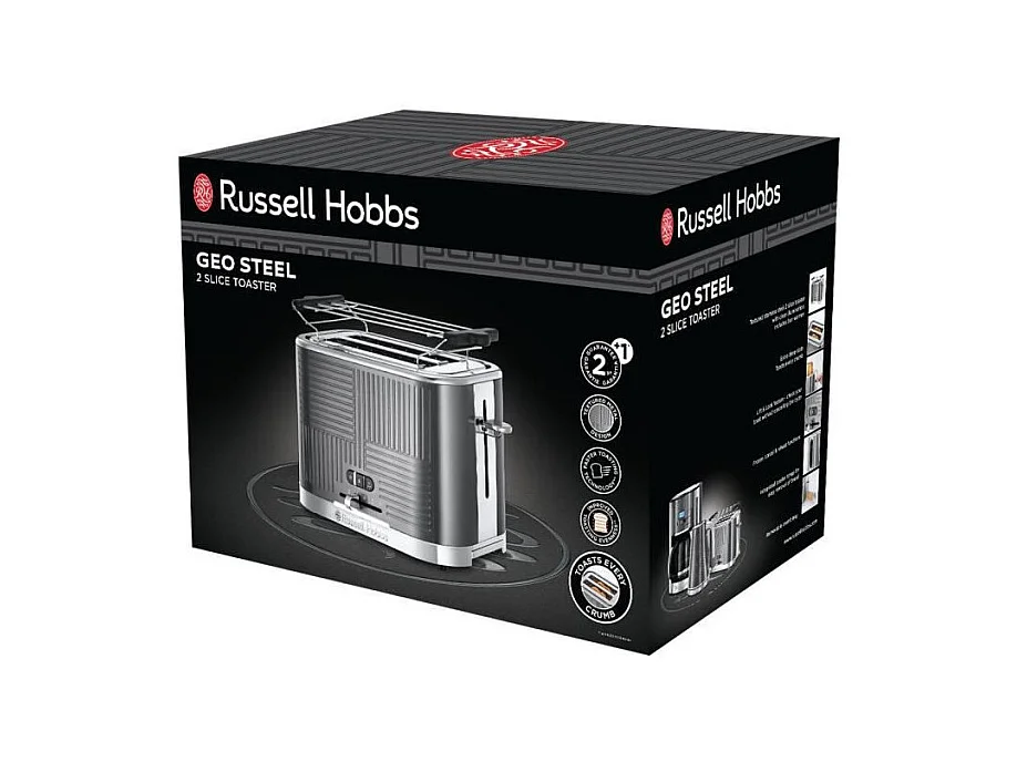 Russell Hobbs 25250-56 Toaster Grille-Pain Geo Steel, 4 Fonctions, Temperature Ajustable, Rechauffe Viennoiseries, Pince