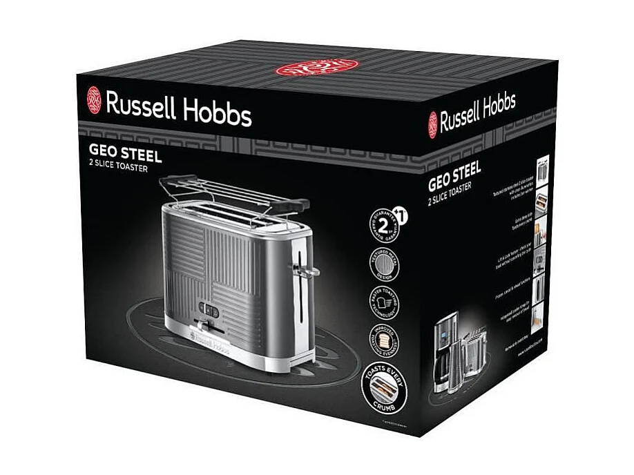 Russell Hobbs 25250-56 Toaster Grille-Pain Geo Steel, 4 Fonctions, Temperature Ajustable, Rechauffe Viennoiseries, Pince